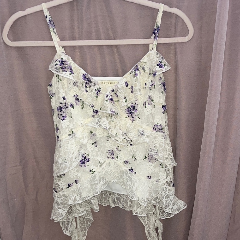 Lace Floral Ruffle Cami Top - White with Purple Floral